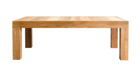 Coffee table with top made of different kinds of wood. White background, isolated
