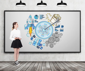 Woman in wide skirt and target sketch