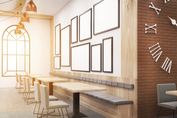 Sunlit New York cafe with posters