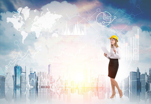 Woman in yellow hard hat and diagrams against cityscape