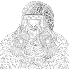 Happy Santa with knitted mittens in zentangle style. Hand drawn