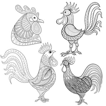 Zentangle Cartoon rooster, cock set. Hand drawn sketch for adult