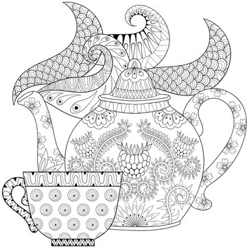 Zentangle stylized ornamental teapot with steam and cup of tea,