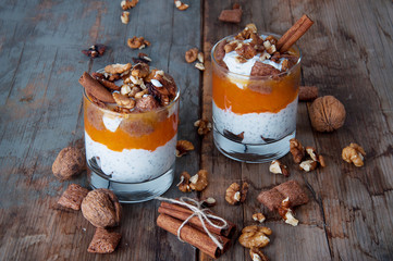 Chia seeds pumpkin spicy pudding with cinnamon and nuts