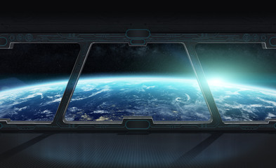 Naklejka premium View of planet Earth from inside a space station 3D rendering el