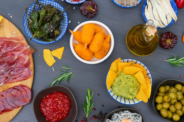 Table with spanish tapas - green peppers padron, jamon, croquetes, guacamole and olives, top view of picnic table