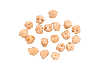 Some spread out chickpeas on white background seen from above