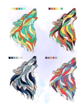 Set of colored wolfs on the grunge background. Different pallets. It may be used for design of a t-shirt, bag, postcard, a poster and so on.