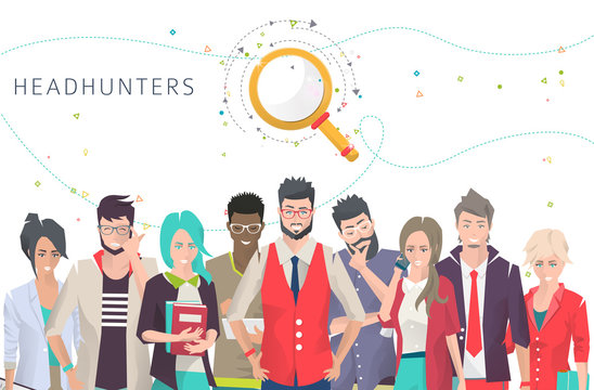 Modern vector illustration / Concept of searching professional figure for your work / Headhunters / Business people with different actions, feelings and emotions / creative men and women / 