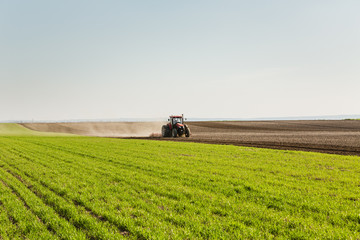 Fototapeta premium Farmer in tractor preparing land with seedbed cultivator
