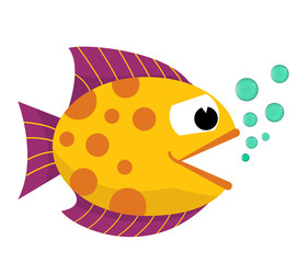 Cartoon happy fish with blowing bubbles flat icon vector illustration