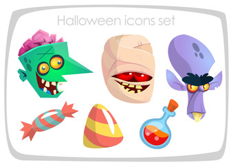 Halloween icons. Zombie, vampire, mummy, candy, poison. Vector