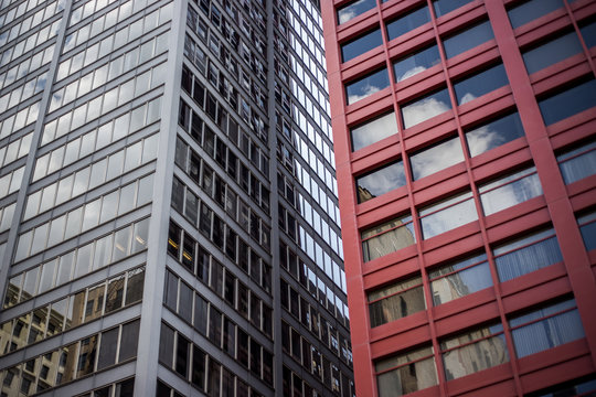 Skyscrapers in downtown Chicago with reflections in windows
