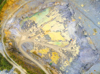 Camera flight over a open cast mine. Industrial landscape. Heavy industry from above. 