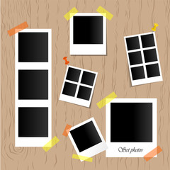 Set of realistic vector photo frames on sticky tape, pins and rivets isolated on wooden background. Template photo design. Vector illustration.