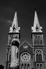Fototapeta na wymiar Saigon Notre Dame Cathedral Basilica in Ho Chi Minh city, Vietnam. Asia. Shoot in black and white shot with morning light and beautiful clear sky.