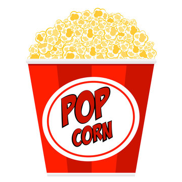 Popcorn in a striped tub. Illustration on white background. Vector isolated object.