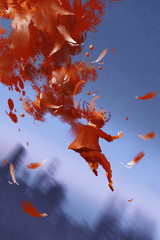 Naklejka premium jumping man and red feathers on blue background,illustration painting