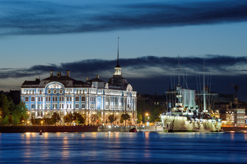 Fototapeta na wymiar View on Petrogradskaya embankment and Cruiser Aurora, St Petersburg, Russia