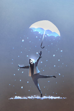 happy man throws up a fantasy umbrella with falling snow,winter is coming,illustration painting