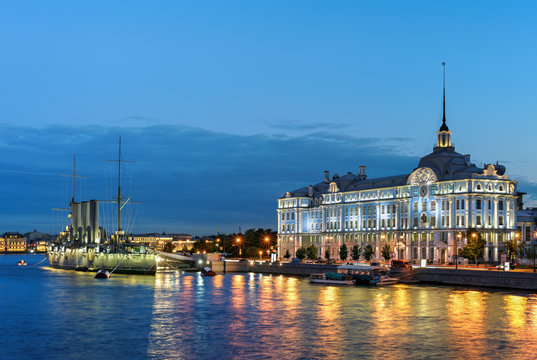 View on Petrogradskaya embankment and Cruiser Aurora, St Petersburg, Russia