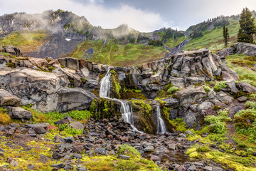 Mount Rainier Nature. Beautiful natural cascades in the alpine wilderness of Mount Rainier National Park, Washington State, USA