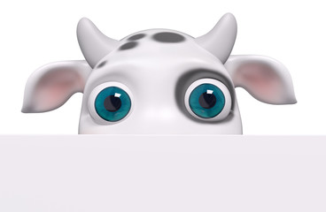 Cartoon cow looking out with poster 3d rendering