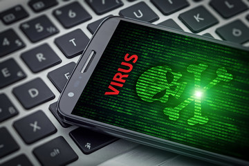 skull of death on smartphone screen. virus alert on mobile phone on tablet computer © Myst