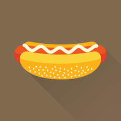 Delicious hotdog with mayonnaise. Isolated flat icon. Fast food symbol for poster, menus, brochure and web. Vector eps8 illustration.