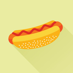 Delicious hotdog with ketchup. Isolated flat icon. Fast food symbol for poster, menus, brochure and web. Vector eps8 illustration.