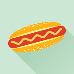 Delicious hotdog with mustard. Isolated flat icon. Fast food symbol for poster, menus, brochure and web. Vector eps8 illustration.