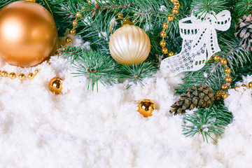 Composition with Christmas decorations fir tree on white background