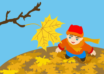 child looks at last autumn leaf on a tree