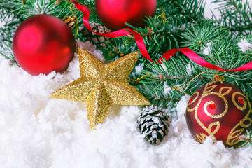 Naklejka na ściany i meble Composition with Christmas decorations fir tree on white background