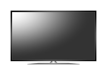 Modern 3D plasma TV. Off multimedia device with a stand with a black display with white reflection on white background. Widescreen TV with black frame. 4K television 