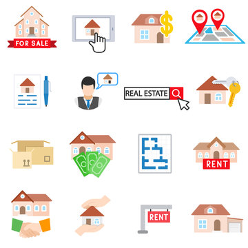 Buying A Property Icons Set. Sale Of Real Estate, Icon Flat Design. Residential Real Estate Leasing, Symbols Collection. Search And Rental Housing, Isolated Vector Illustration. Buy Or Sell A Home