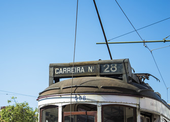 Detail of the famous tram 28 in Lisbon, Portugal