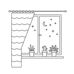 House plants in the pots on a windowsill. Night view from a window. Interior flat line illustration