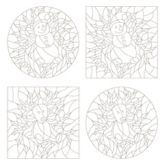 Set contour illustrations of the stained glass Windows on the theme of new year and Christmas,plush moose and snowman on background of Holly and ribbons