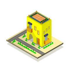 Yellow house, road and green trees