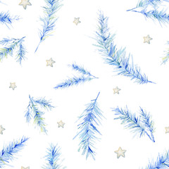 Watercolor seamless Christmas pattern. Fir birches blue design with little stars. Holiday decorations 