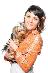 young beautiful girl holding a small puppy on hands isolated