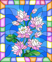 Obrazy na Szkle  Ilustracja w stylu witrażu z kwiatami, pąkami i liśćmi lotosu