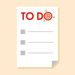 Sticker with To do list and checkboxes. With dart instead of letter 'O' - symbol of success, achievements. Simple flat vector clip art.