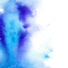 Blue and violet watery illustration.Abstract watercolor hand drawn image.Azure splash.White background.