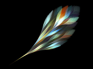 Computer fractal illustration of colorful magic feather  in watercolor style on black background