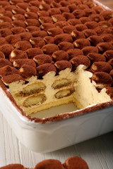 Sweet homemade tiramisu cake, traditional Italian cuisine.