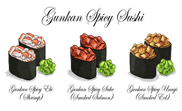 Vector set, color sketch, Gunkan Spisy Sushi