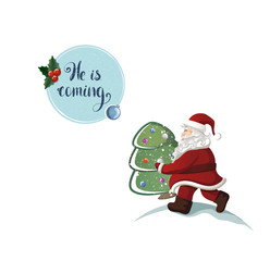 cartoon Santa Claus is carrying the christmas fir tree with holiday text. holiday greeting card