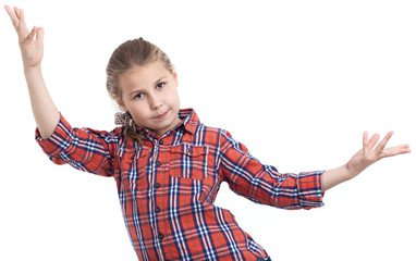 Dancing young girl with throw up her hands, isolated white background